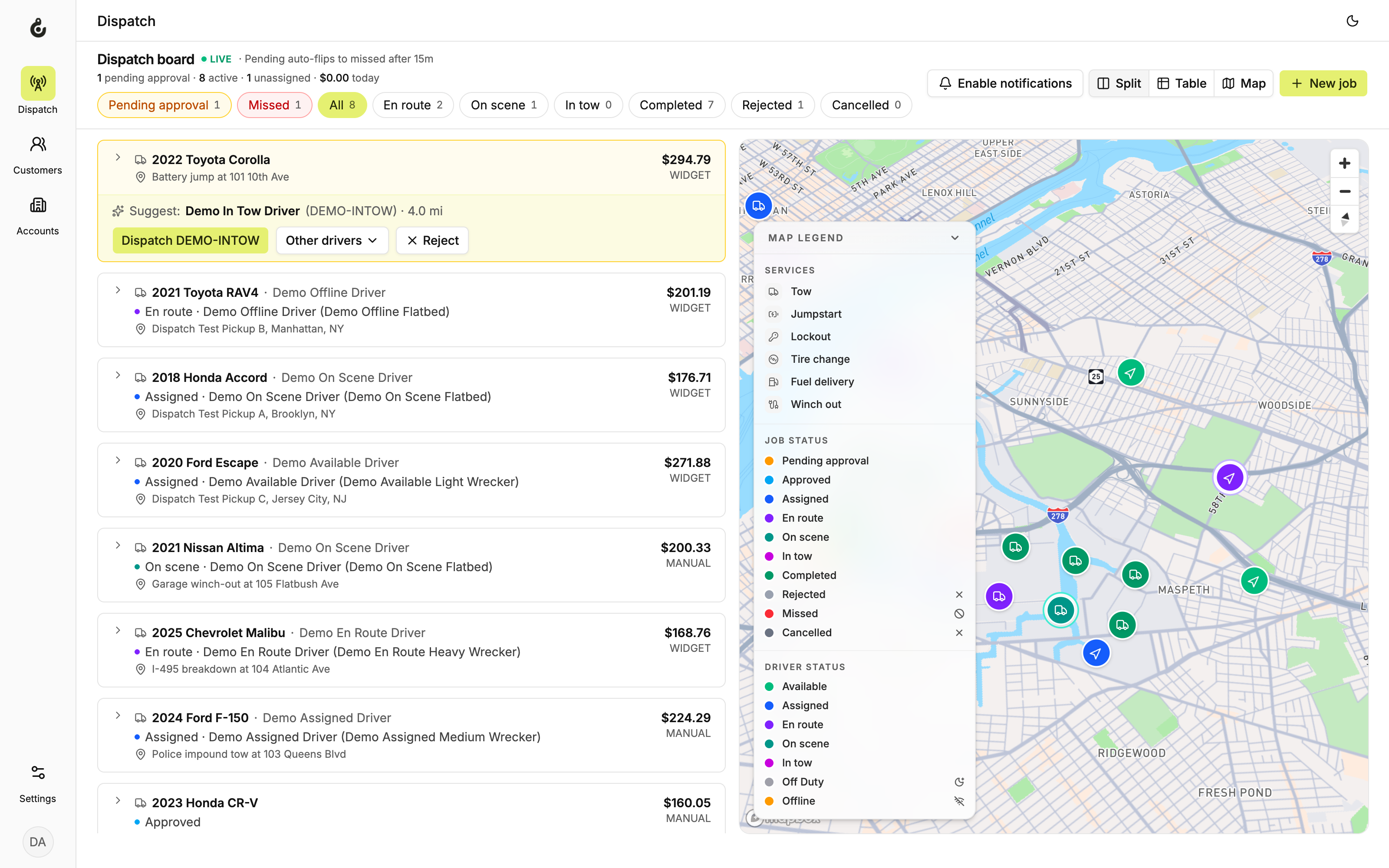 The TowCore dispatch board: a live job list beside a real-time map with color-coded driver and job markers